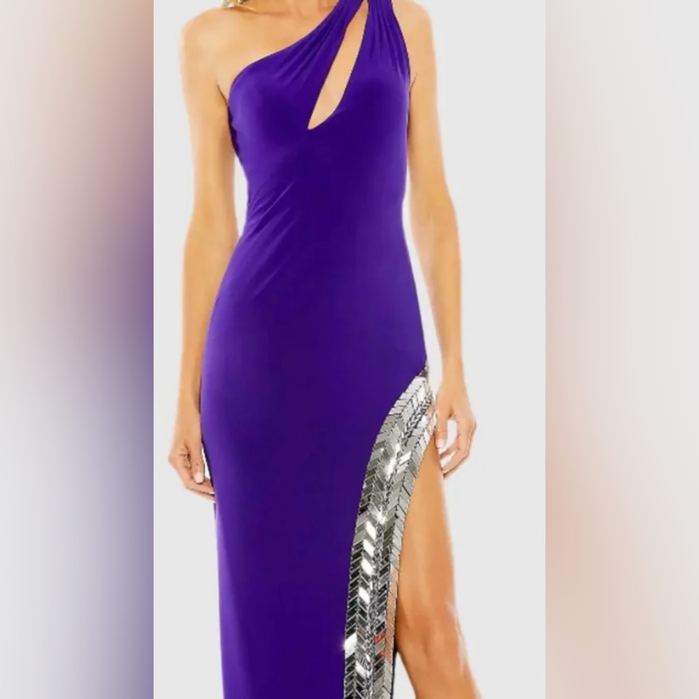 Mac Duggal Purple One-Shoulder Dress with Silver Accents